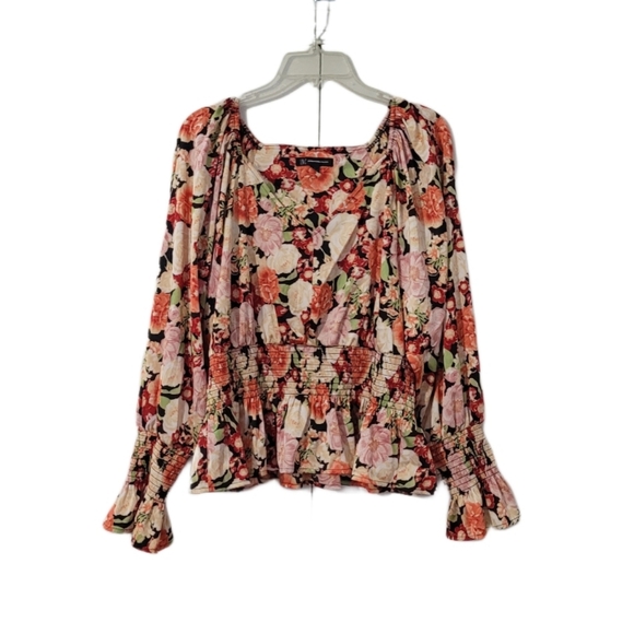 INC Emma Garden Women's L Smocked Ruffle Long Sleeve Peplum Top Multicolor - Picture 3 of 12